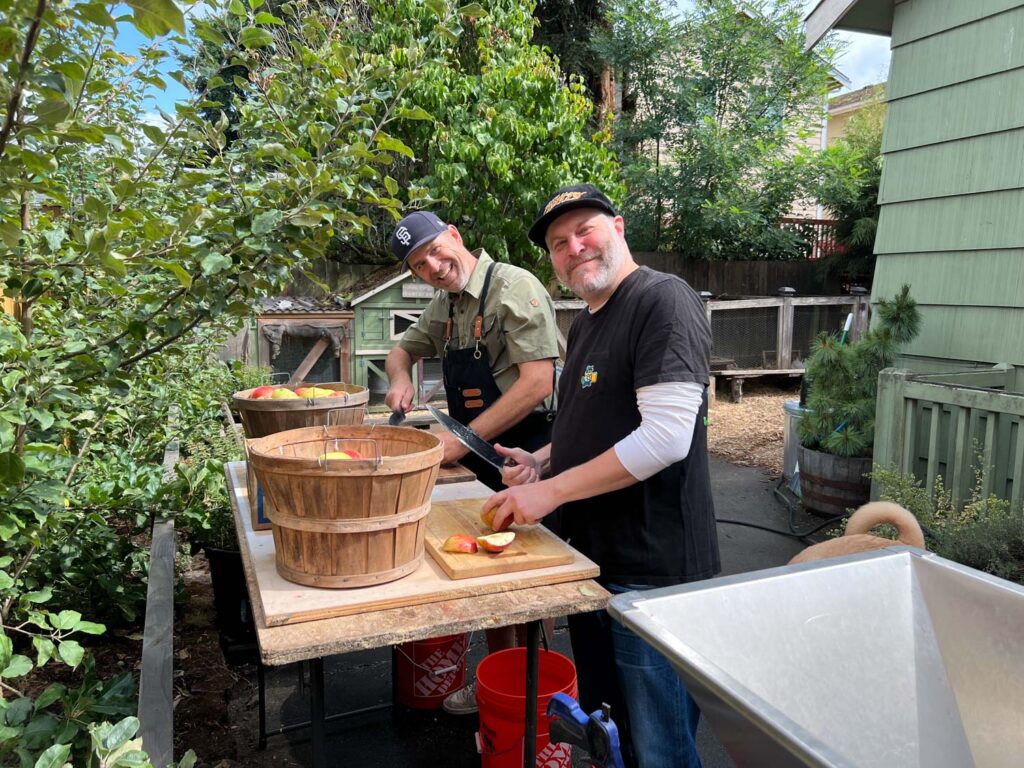We harvested enough apples from our espalier apples trees to make a case of hard cider and freeze a pie filling.