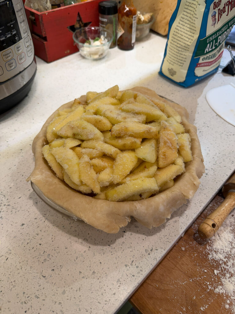 Frozen apple pie filling for Thanksgiving.